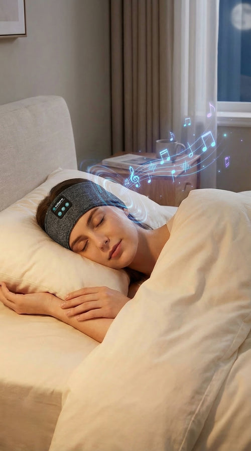 Woman in bed wearing Enjoying Bluetooth headband for sleep